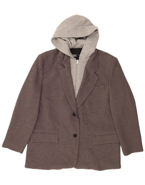 Jaqueta blazer feminina Zara com capuz e 2 botões Reino Unido 16 grande cinza