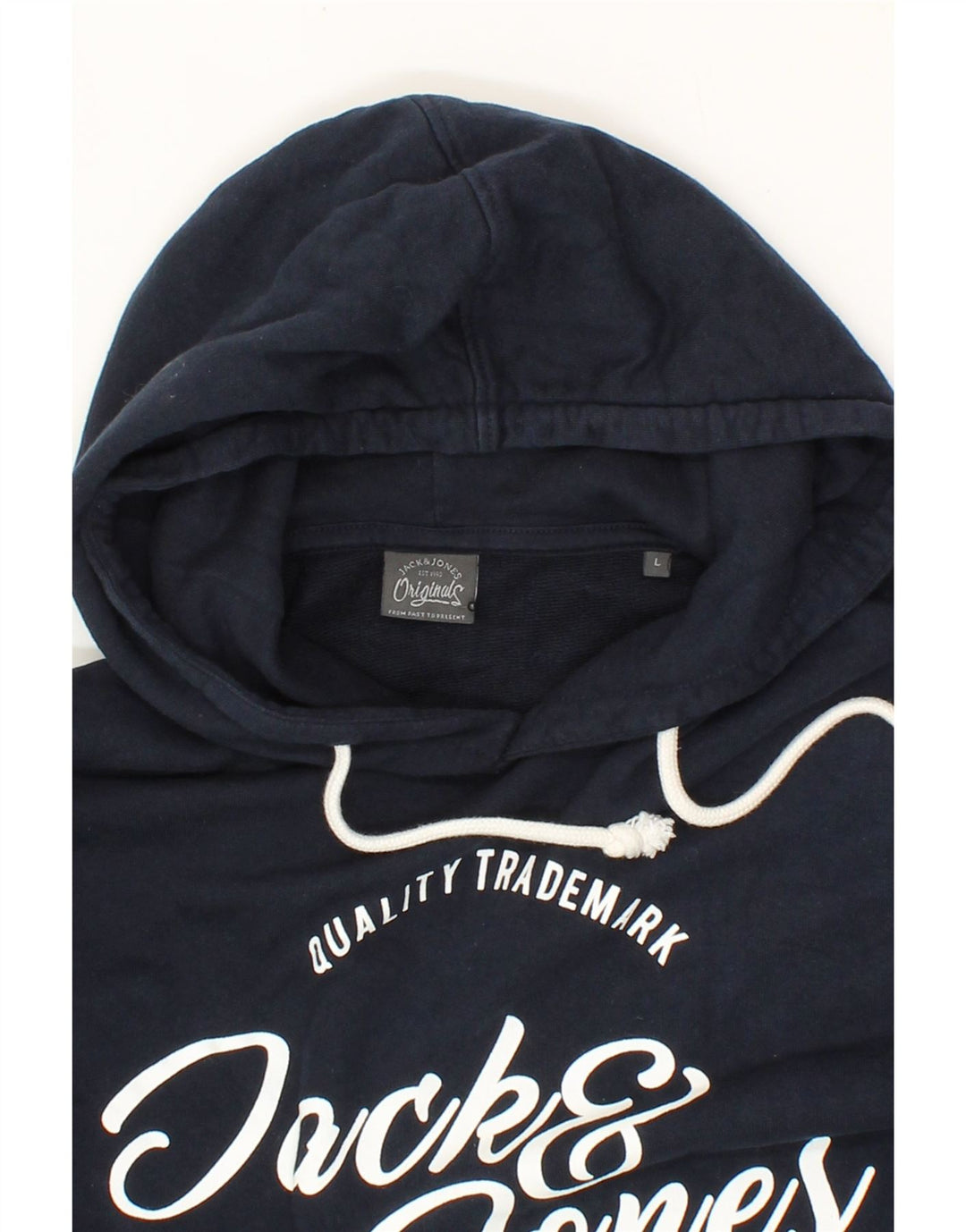 JACK & JONES Mens Graphic Hoodie Jumper Large Navy Blue Cotton Vintage Jack & Jones and Second-Hand Jack & Jones from Messina Hembry 