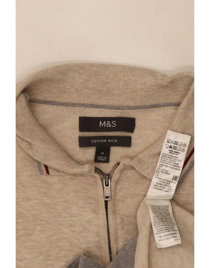 Suéter masculino Marks & Spencer com gola polo e bloco colorido bege médio