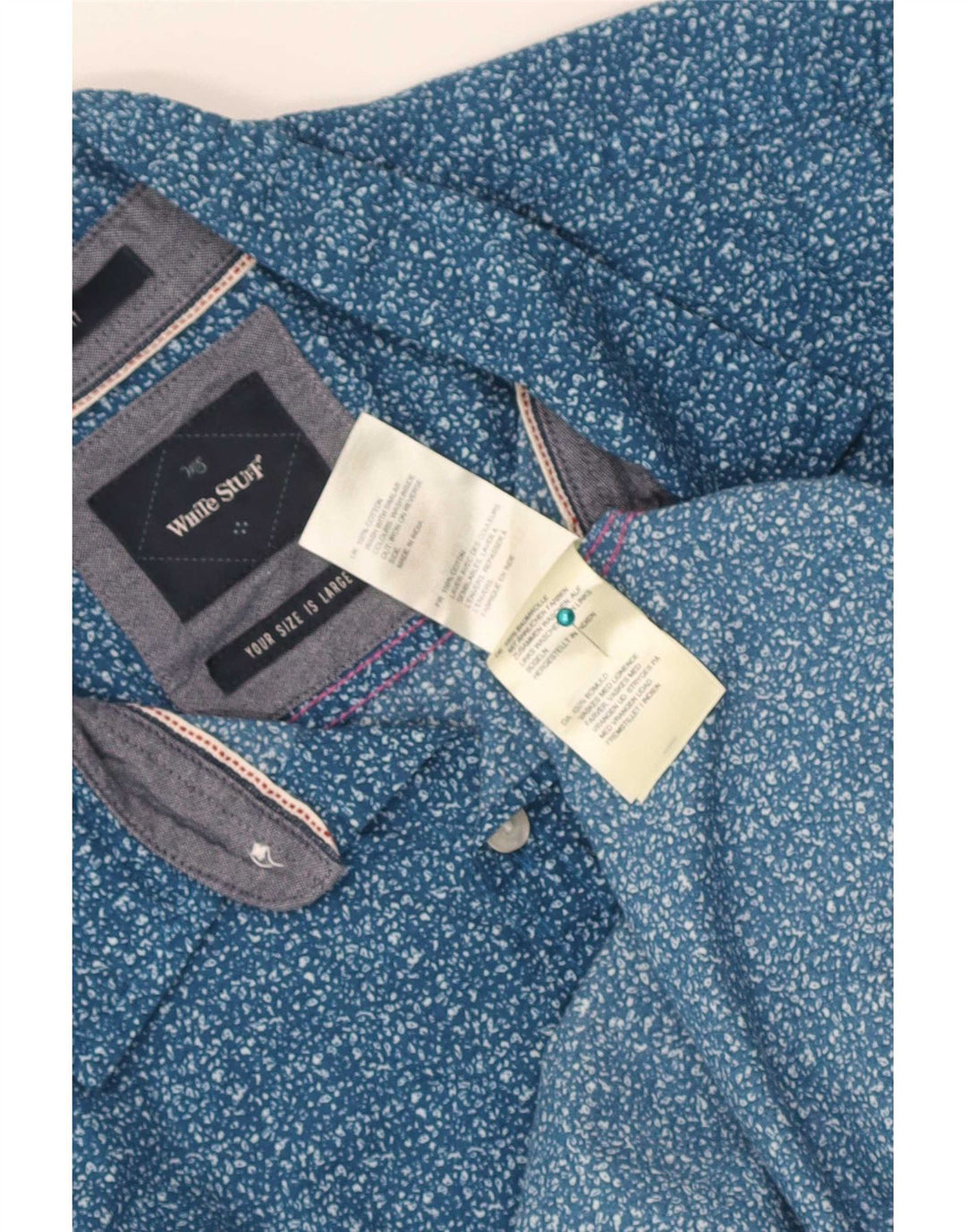 Camisa masculina slim fit branca material grande algodão manchado azul