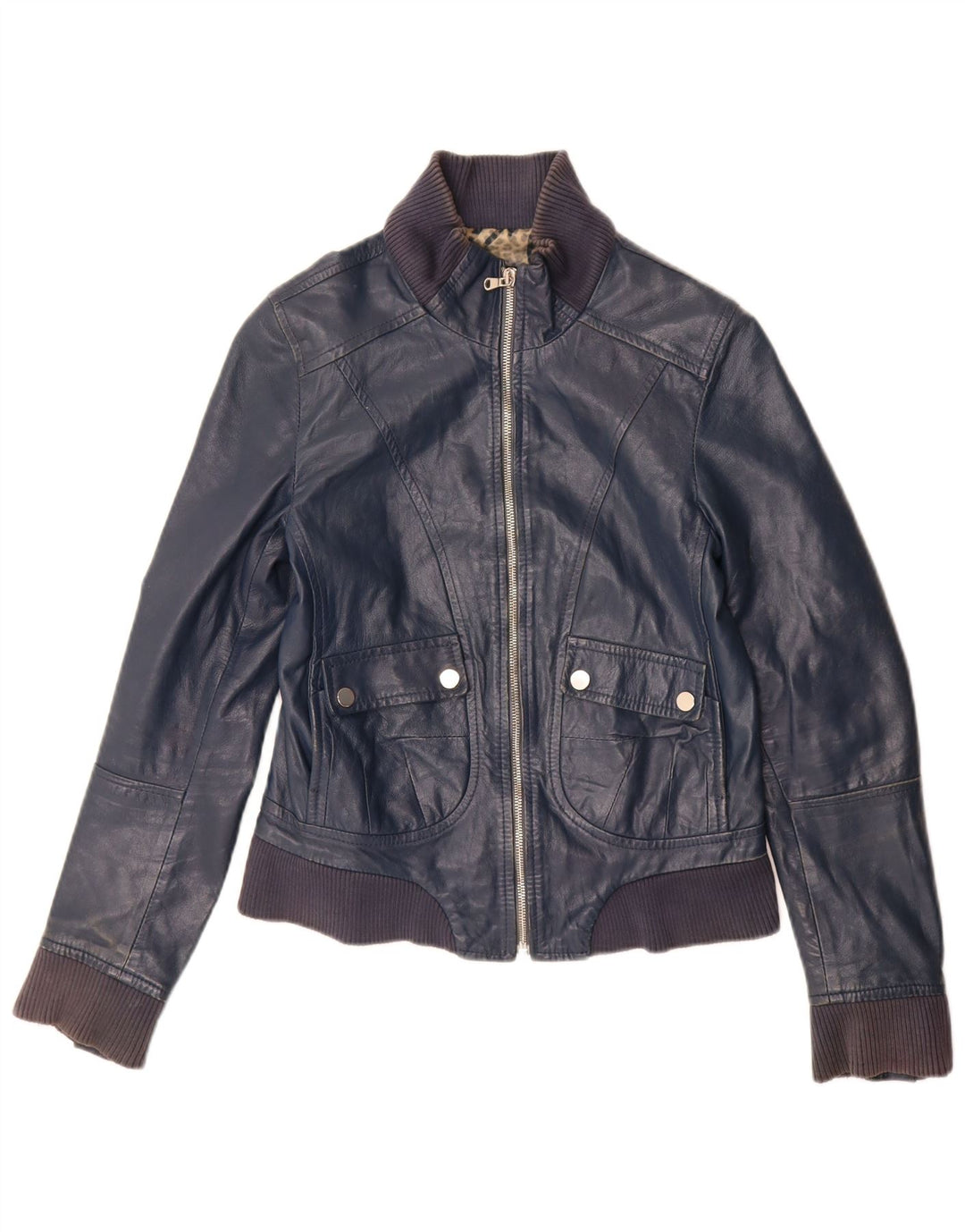 Jaqueta de couro vintage feminina IT 44 couro azul marinho médio
