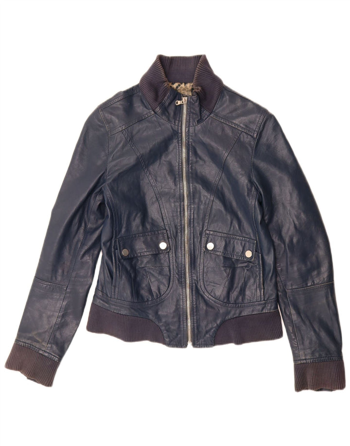 Jaqueta de couro vintage feminina IT 44 couro azul marinho médio