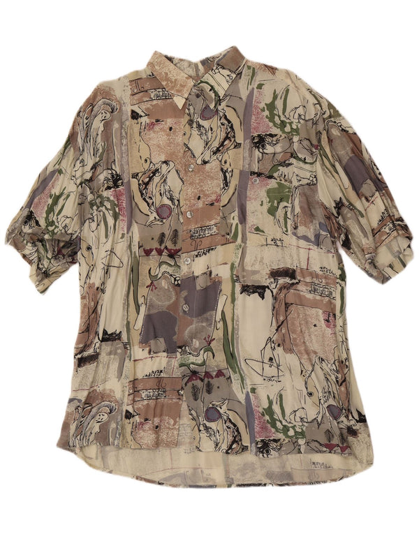 Camisa masculina vintage abstrata padrão manga curta tamanho 43/44 XL bege