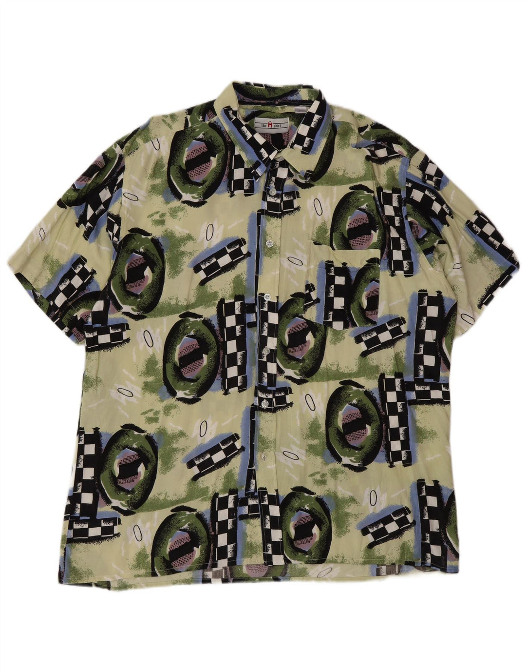 Camisa masculina vintage de manga curta 2XL Viscose geométrica multicolorida