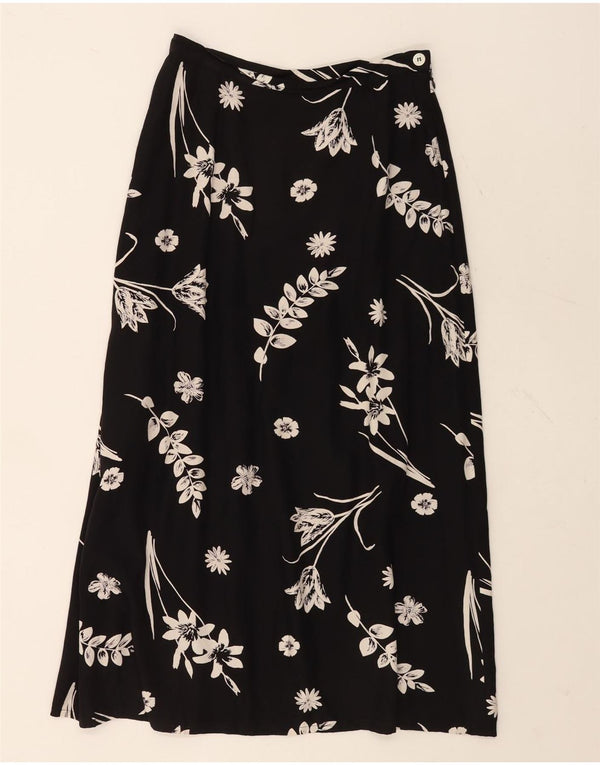 Saia midi feminina Laura Ashley Reino Unido 12 médio W26 viscose floral preta