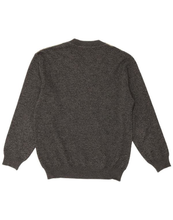 Suéter vintage masculino com decote em V, lã merino geométrica cinza médio