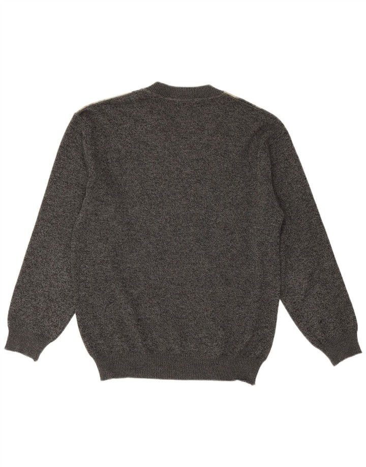 Suéter vintage masculino com decote em V, lã merino geométrica cinza médio