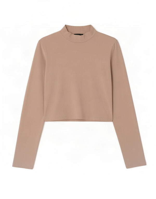 Zara Womens Crop Top Manga Longa Reino Unido 10 Pequeno Algodão Bege
