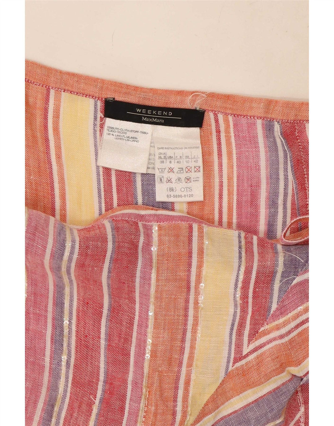 Saia feminina Max Mara UK 10 pequena W27 linho listrado multicolorido