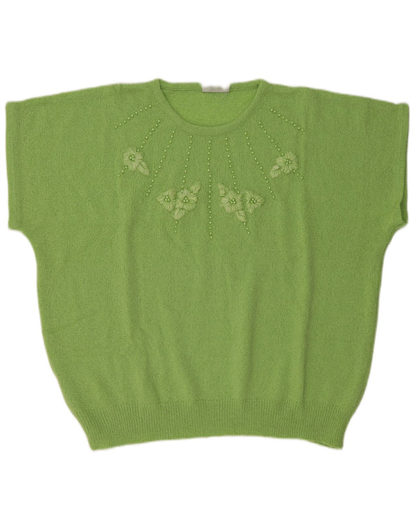 Suéter feminino vintage de manga curta com gola redonda IT 58 5XL verde floral