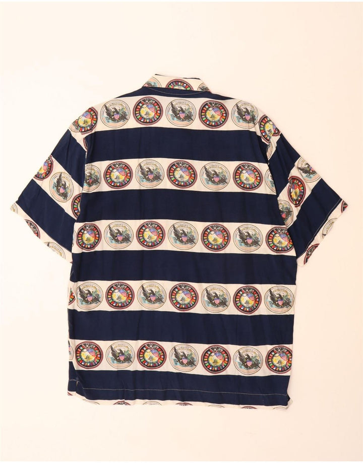 Camisa masculina VINTAGE estampada de manga curta grande viscose listrada azul marinho