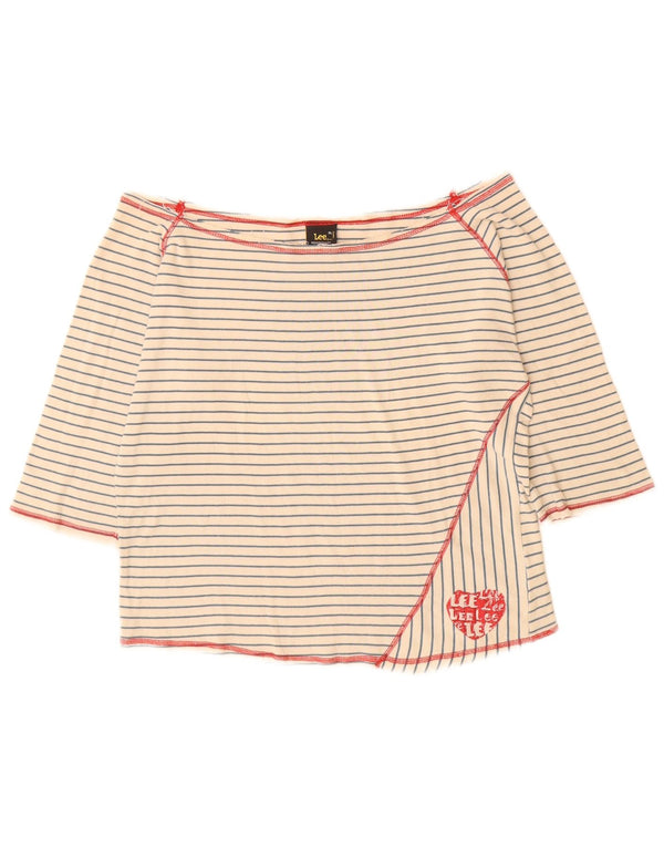 Lee blusa feminina ombro a ombro manga 3/4 Reino Unido 18 XL listrado branco