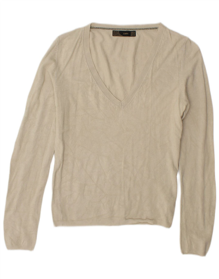 Suéter feminino Zara com decote em V Reino Unido 14 médio bege rayon