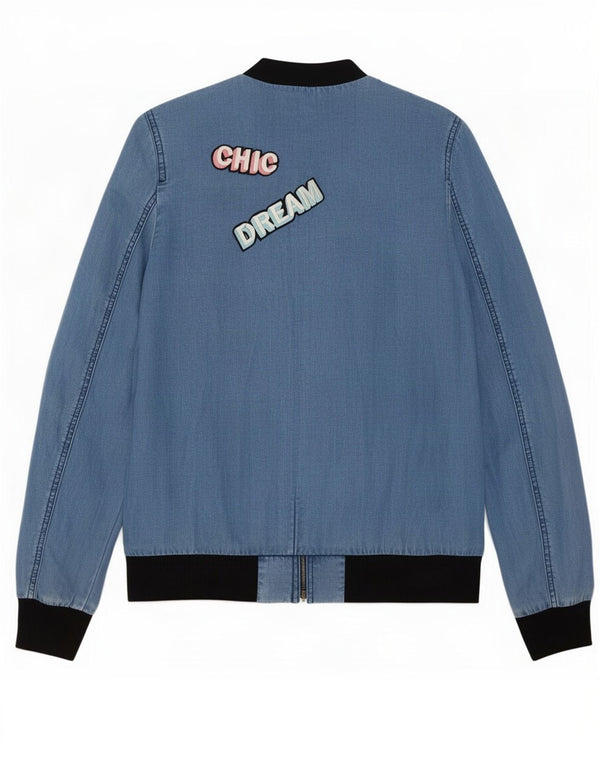 Zara Womens Graphic Bomber Jacket UK 6 XS Blue Colourblock Lyocell