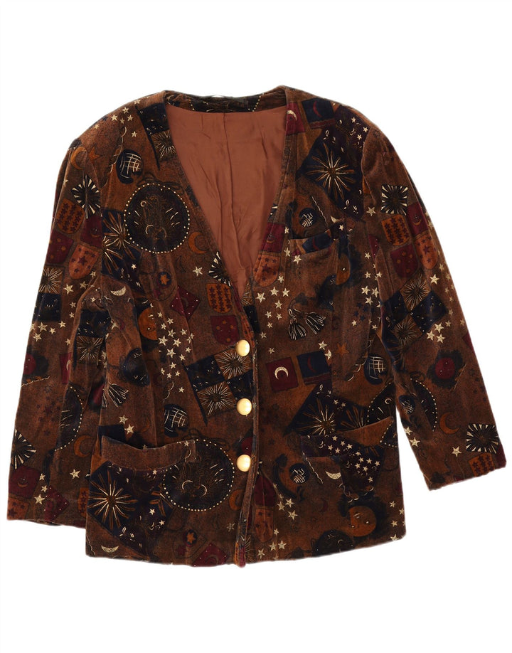 Jaqueta blazer feminina vintage de veludo com 3 botões Reino Unido 14 marrom médio geométrico
