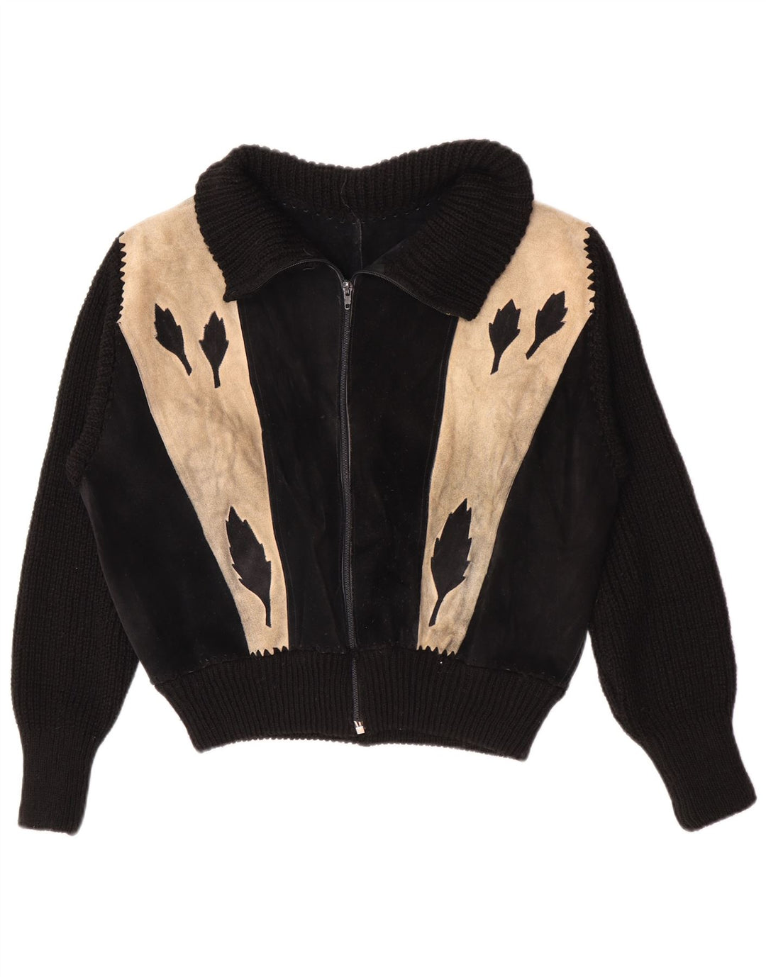 Jaqueta bomber feminina vintage de camurça UK 16 grande bloco colorido preto