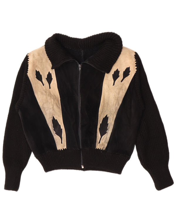 Jaqueta bomber feminina vintage de camurça UK 16 grande bloco colorido preto