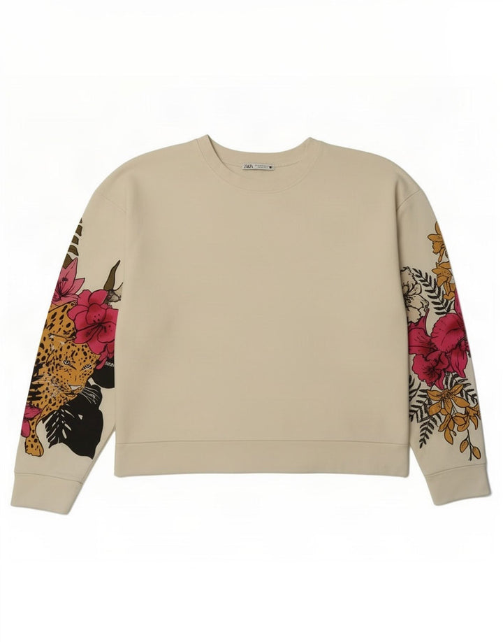 Zara moletom feminino gráfico oversized jumper Reino Unido 14 médio branco floral
