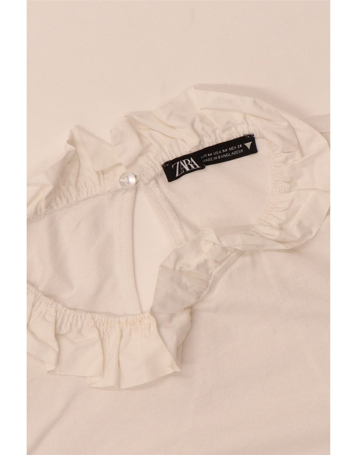 ZARA Blusa Feminina Crop Manga Longa Top UK 12 Médio Off White