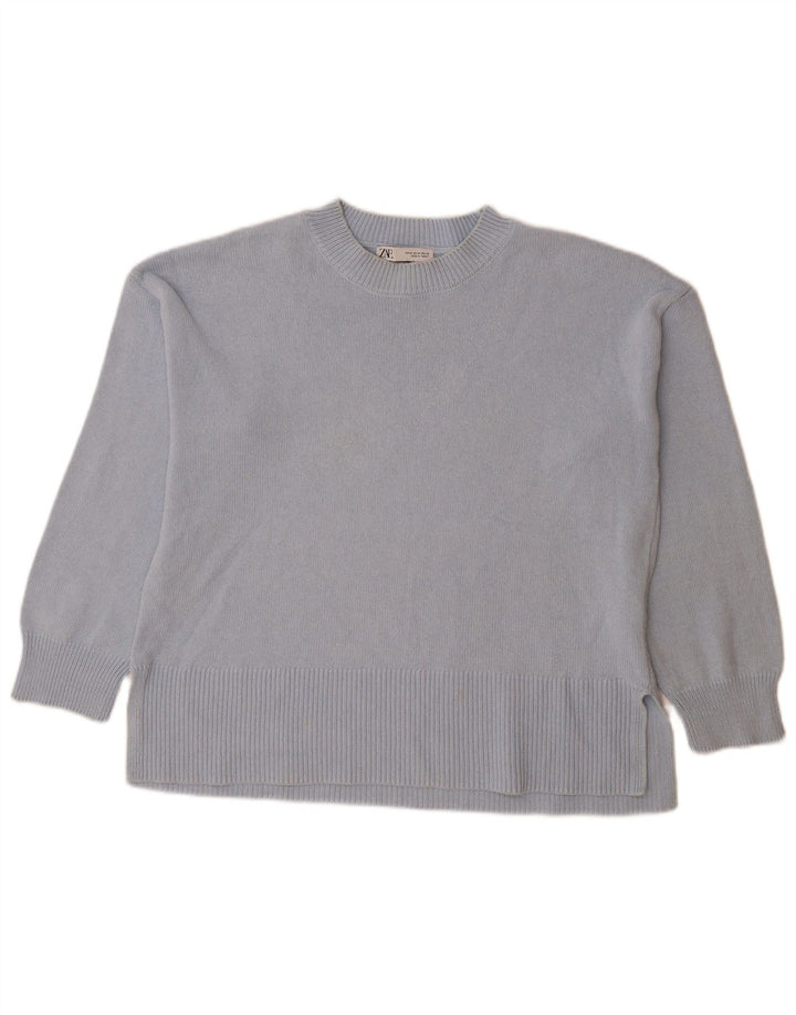 Zara Suéter feminino oversized com gola redonda Reino Unido 14 algodão azul médio