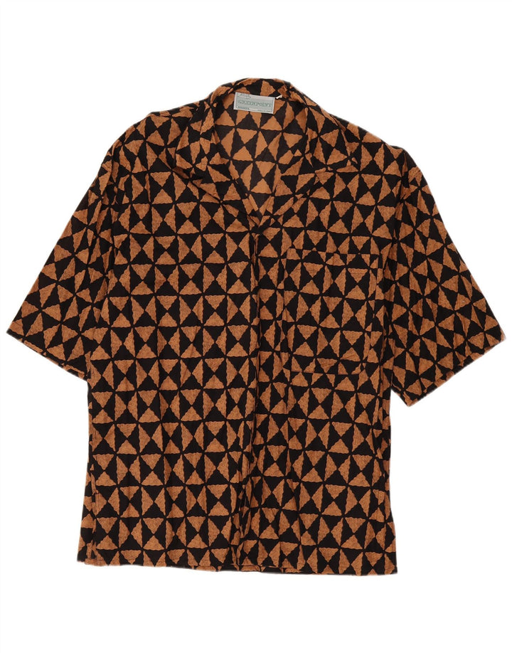 Camisa masculina vintage de manga curta algodão geométrico preto médio