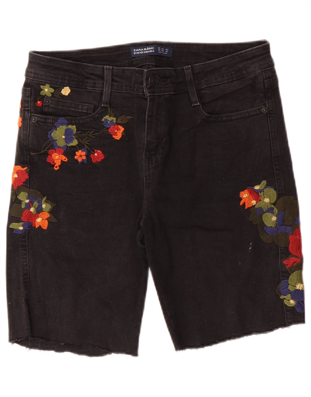 Zara Shorts jeans feminino gráfico UE 38 pequeno W28 preto floral boêmio