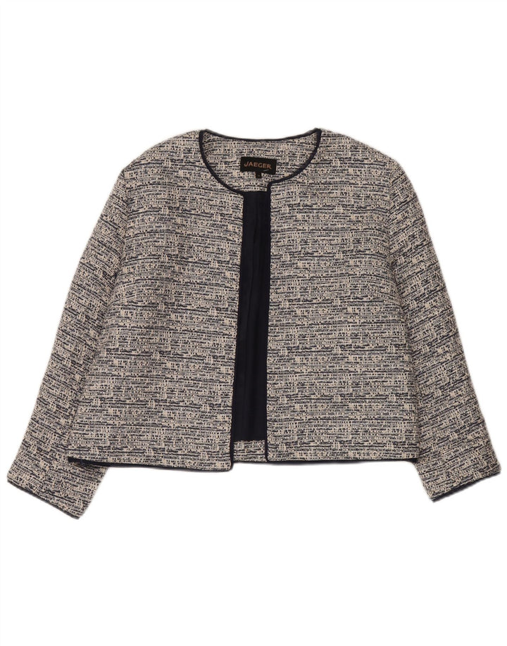 Jaqueta blazer feminina Jaeger cortada aberta Reino Unido 14 grande algodão cinza