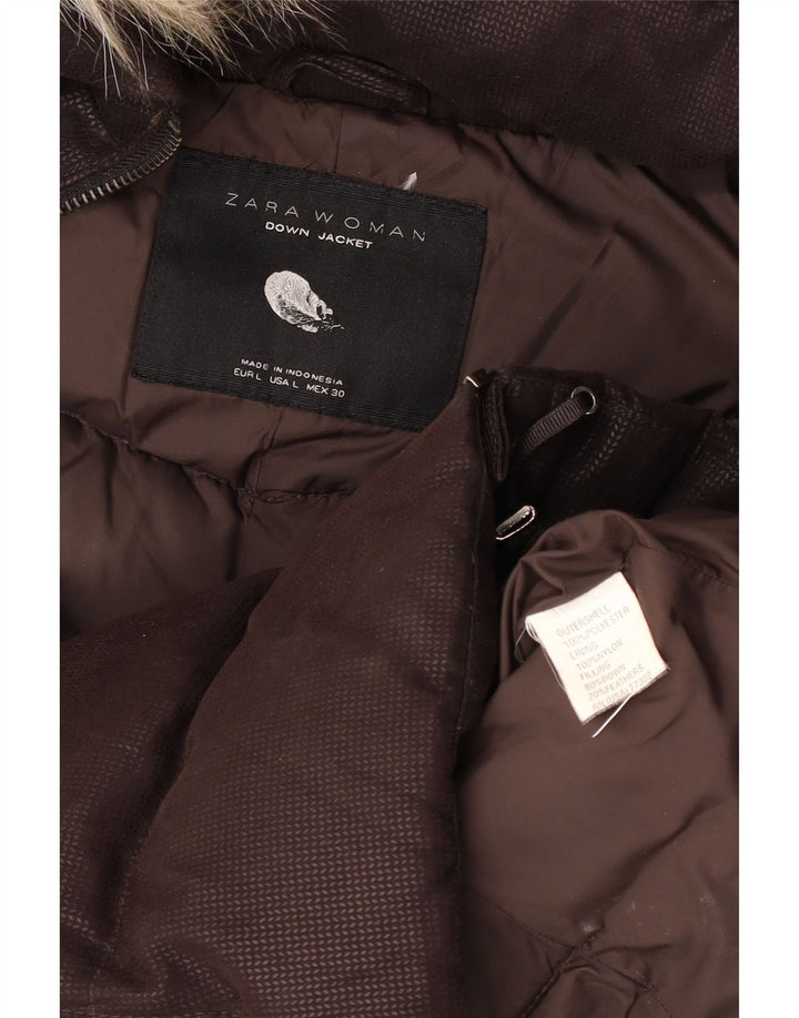 Jaqueta acolchoada com capuz feminina Zara UK 40 grande poliéster marrom