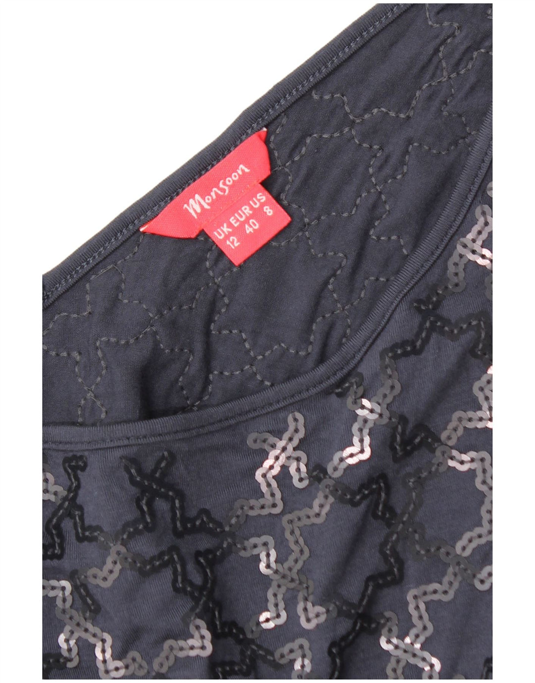 Vestido feminino Monsoon manga curta, tamanho UK 12, médio, azul marinho, geométrico
