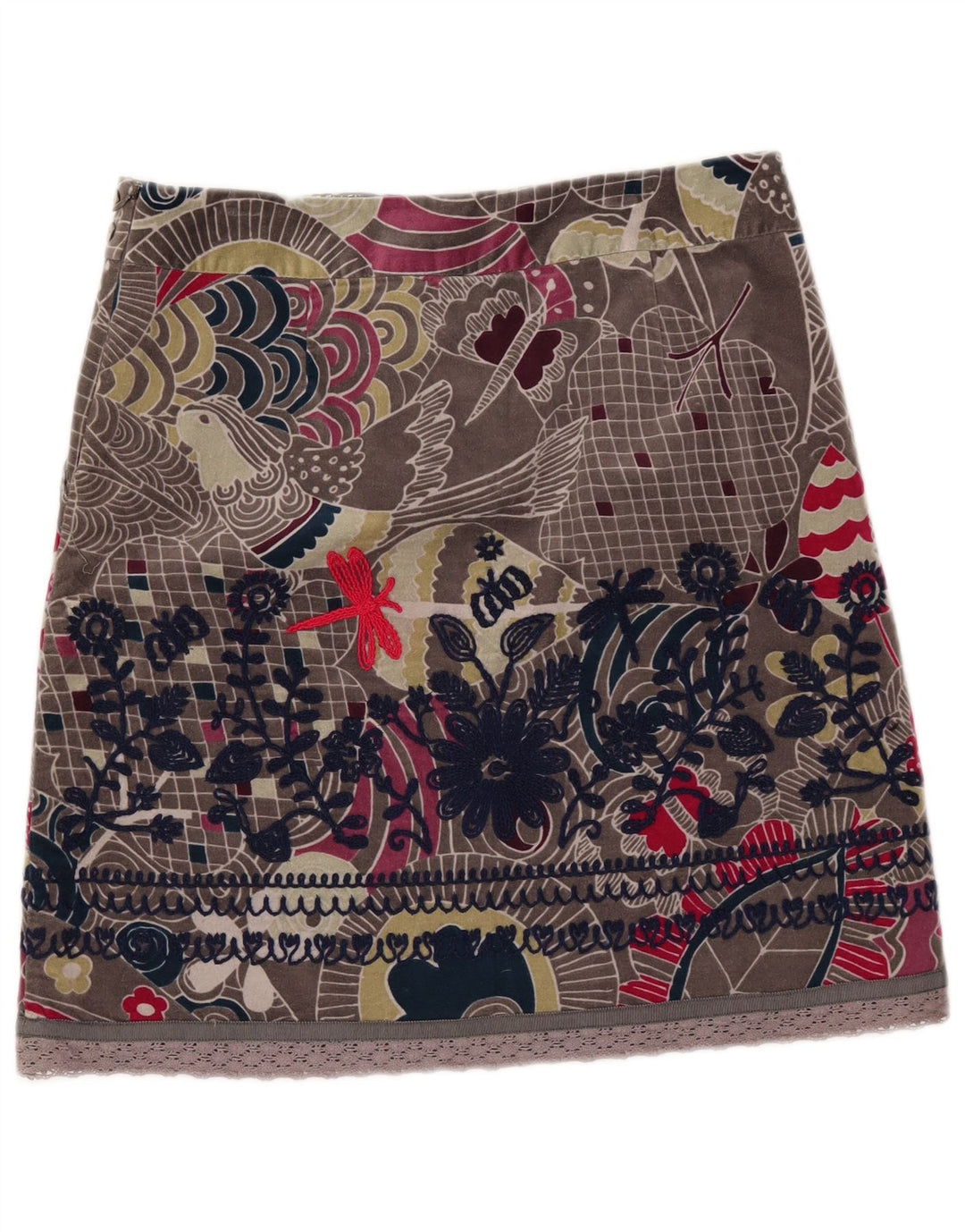 Minissaia feminina de veludo White Stuff Reino Unido 12 médio W33 algodão floral cinza