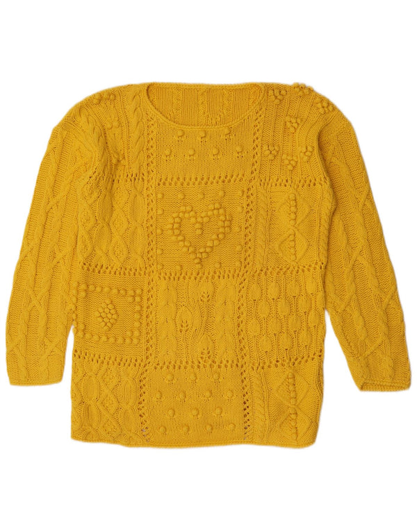 Suéter feminino vintage com gola canoa Reino Unido 14 algodão amarelo médio
