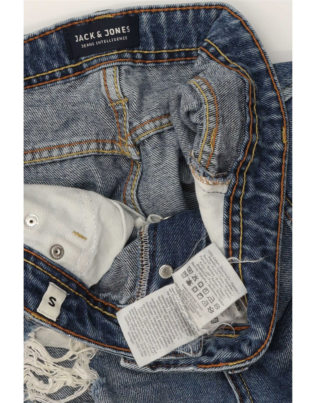 Shorts jeans masculino Jack & Jones desgastado regular fit pequeno W28 algodão azul