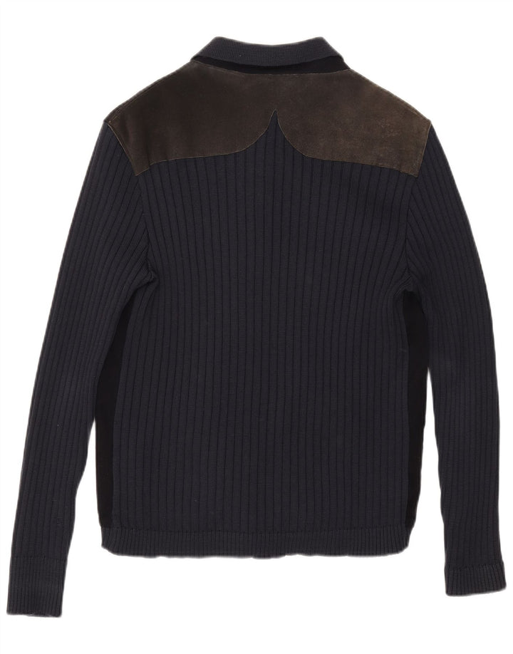 Suéter cardigã masculino vintage médio azul marinho colorblock