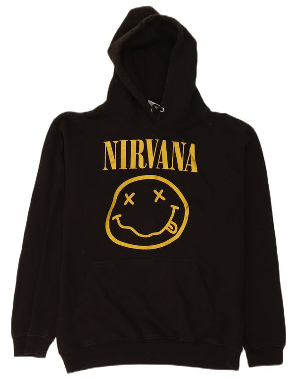 Suéter com capuz gráfico Nirvana masculino vintage médio algodão preto