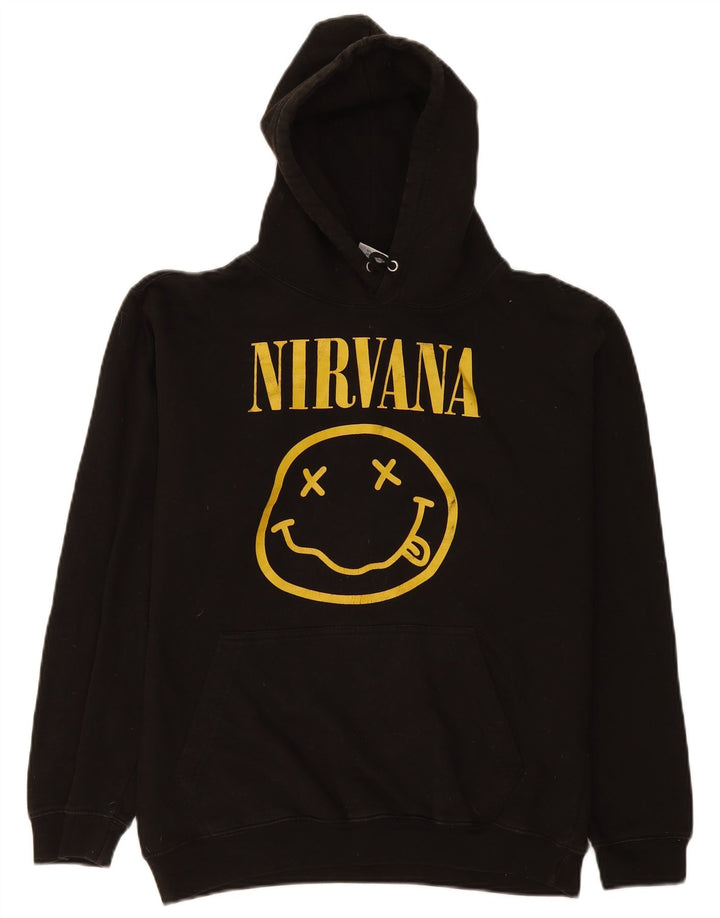 Suéter com capuz gráfico Nirvana masculino vintage médio algodão preto