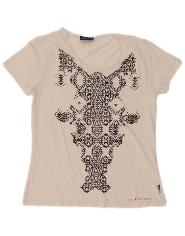 Camiseta feminina TRUSSARDI JEANS com estampa gráfica UK 14 grande branca geométrica