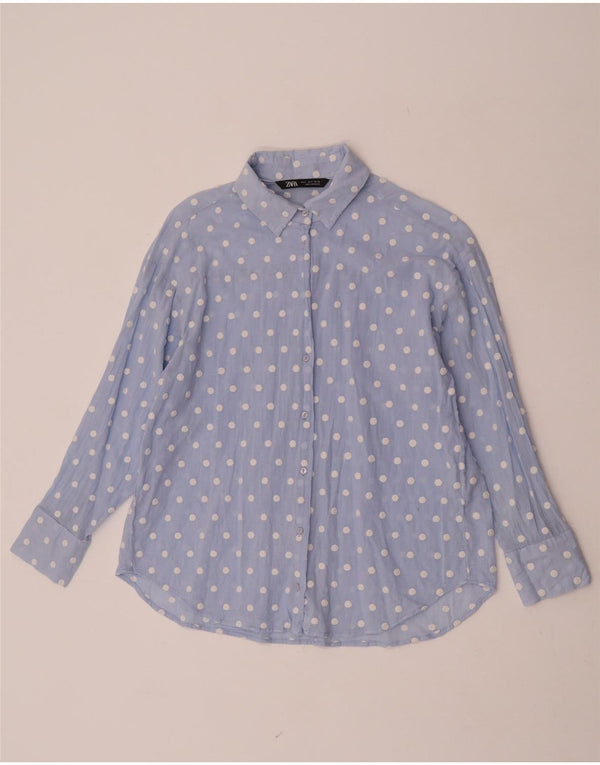 Zara Camisa Feminina UK 10 Pequenas Bolinhas Azul Poliéster