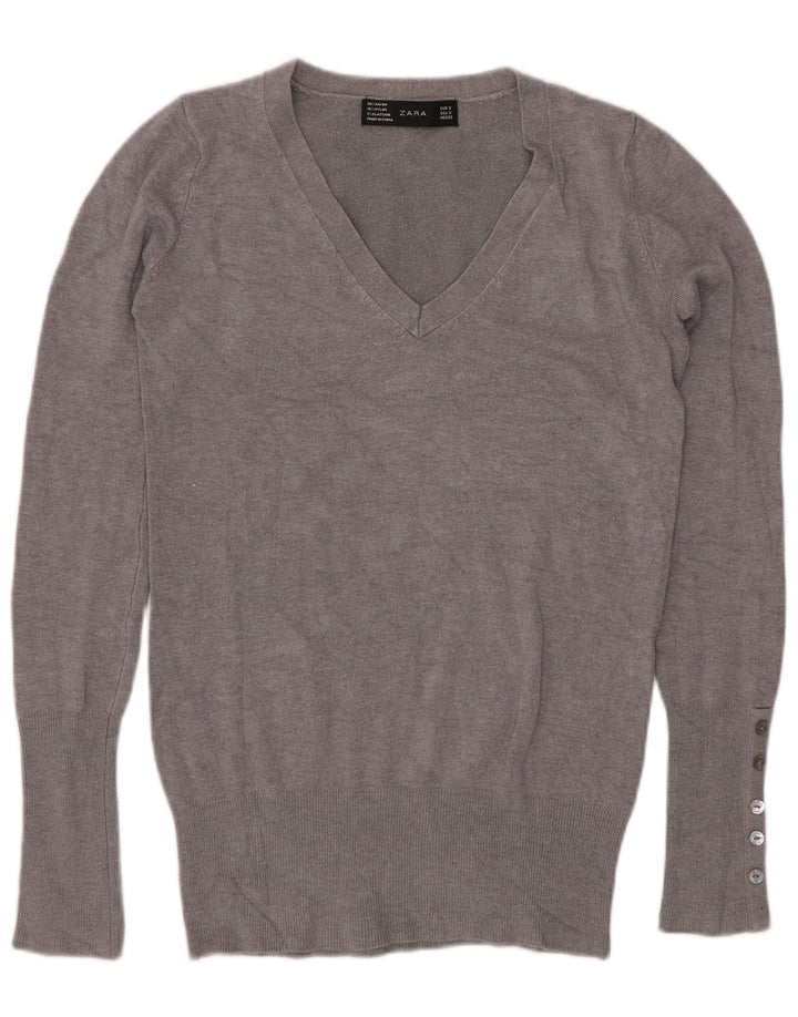 Suéter feminino Zara com decote em V Reino Unido 10 pequeno cinza