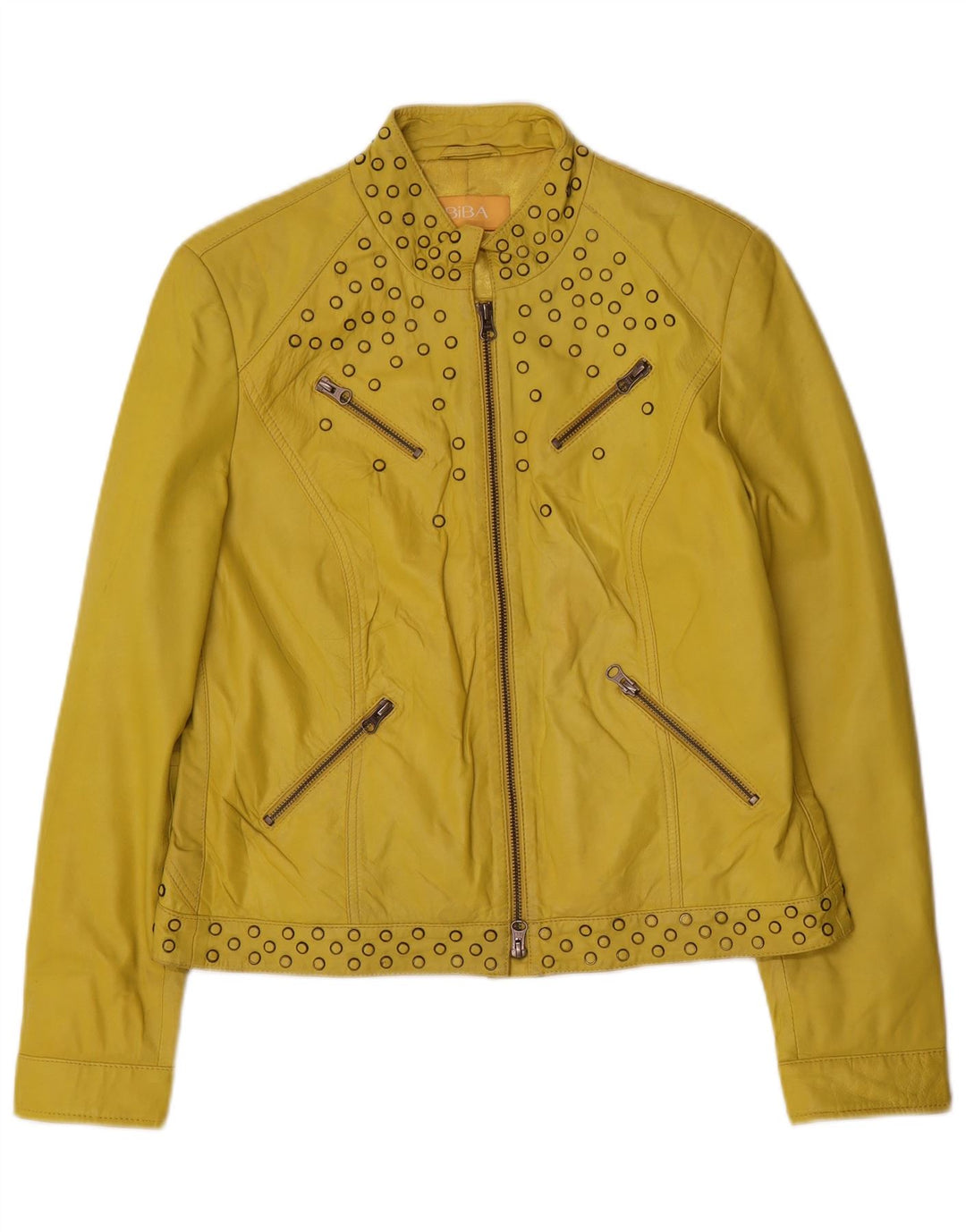 Jaqueta de couro feminina Biba UK 14 couro manchado amarelo médio