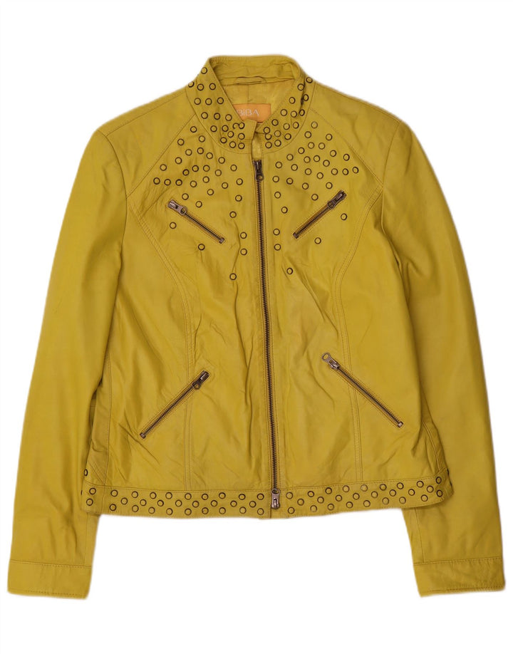 Jaqueta de couro feminina Biba UK 14 couro manchado amarelo médio