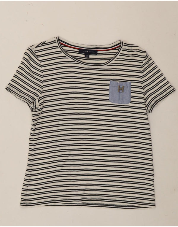 Camiseta feminina Tommy Hilfiger UK 14 grande algodão listrado branco