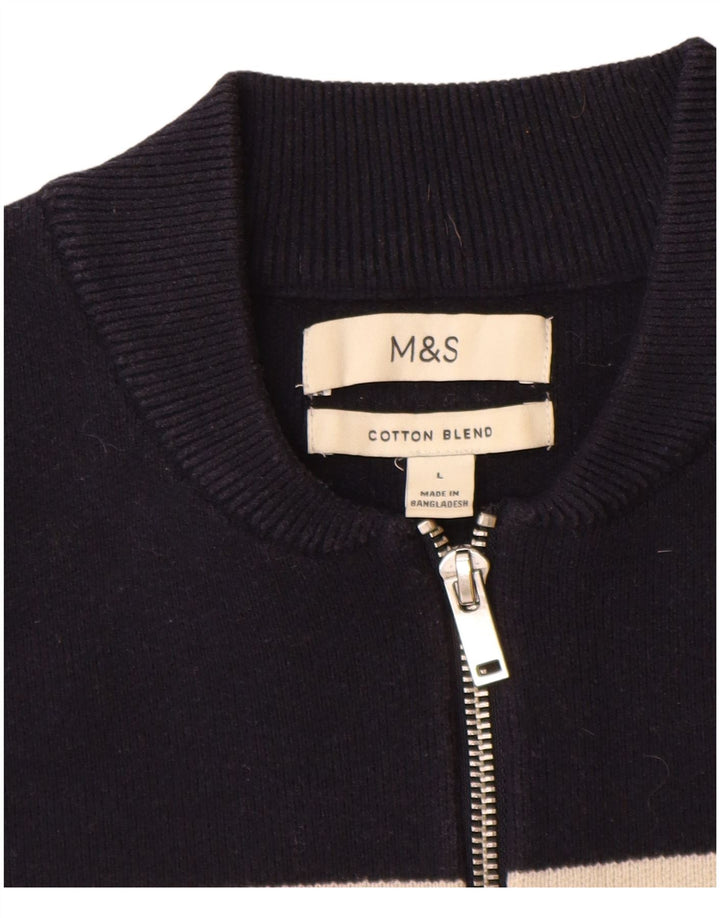 Suéter masculino Marks & Spencer com zíper e gola grande listrado azul marinho