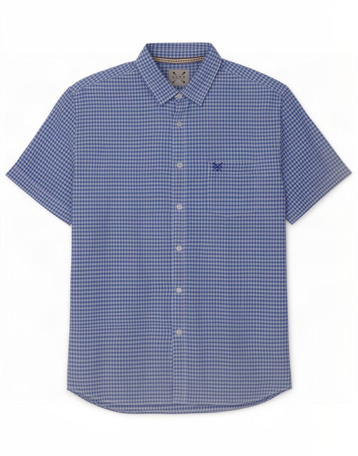 Crew Clothing Camisa masculina de manga curta azul médio Gingham Linen