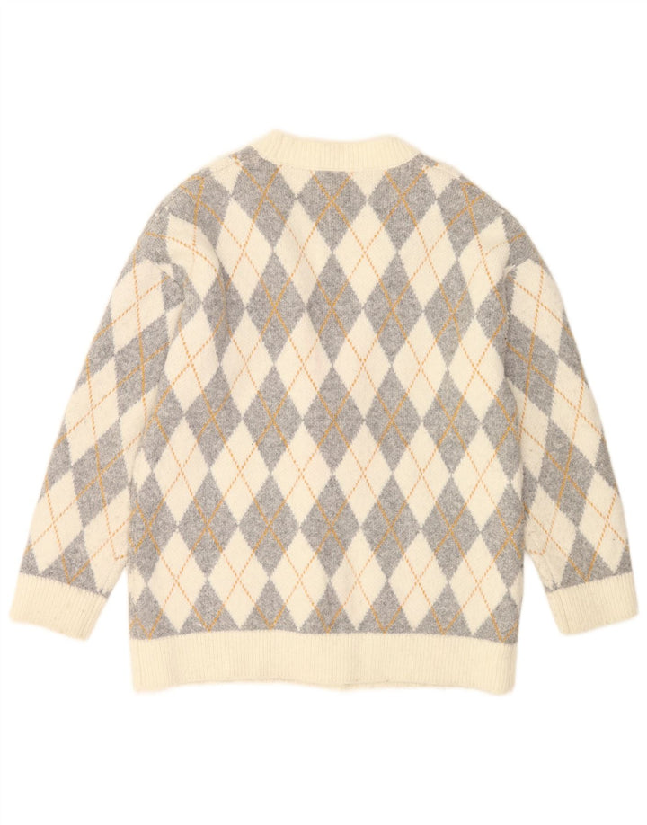 Suéter cardigã feminino grande Zara Reino Unido 10 pequeno off white Argyle/Diamante