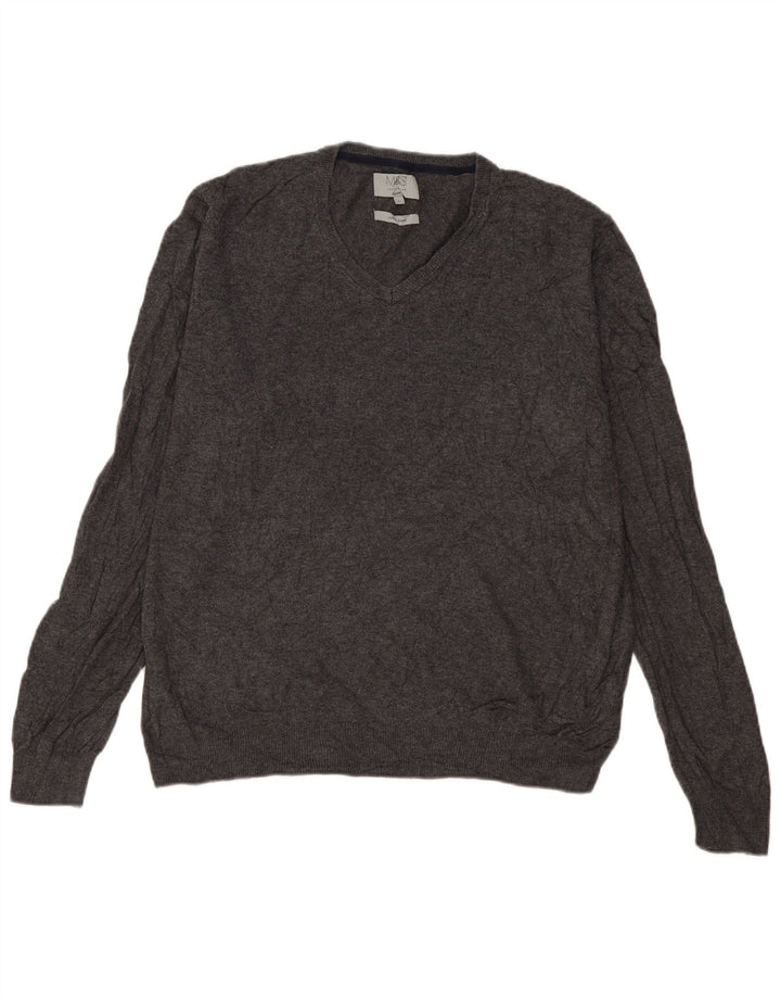 Suéter masculino Marks & Spencer com decote em V grande algodão cinza