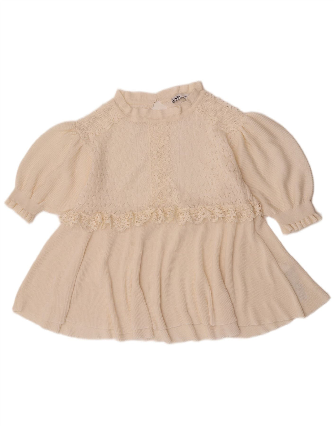 Zara blusa feminina manga 3/4 top UK 12 médio off white floral poliéster