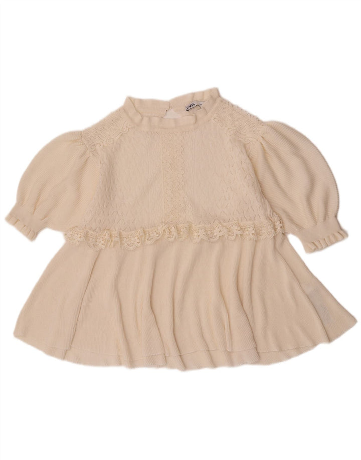 Zara blusa feminina manga 3/4 top UK 12 médio off white floral poliéster