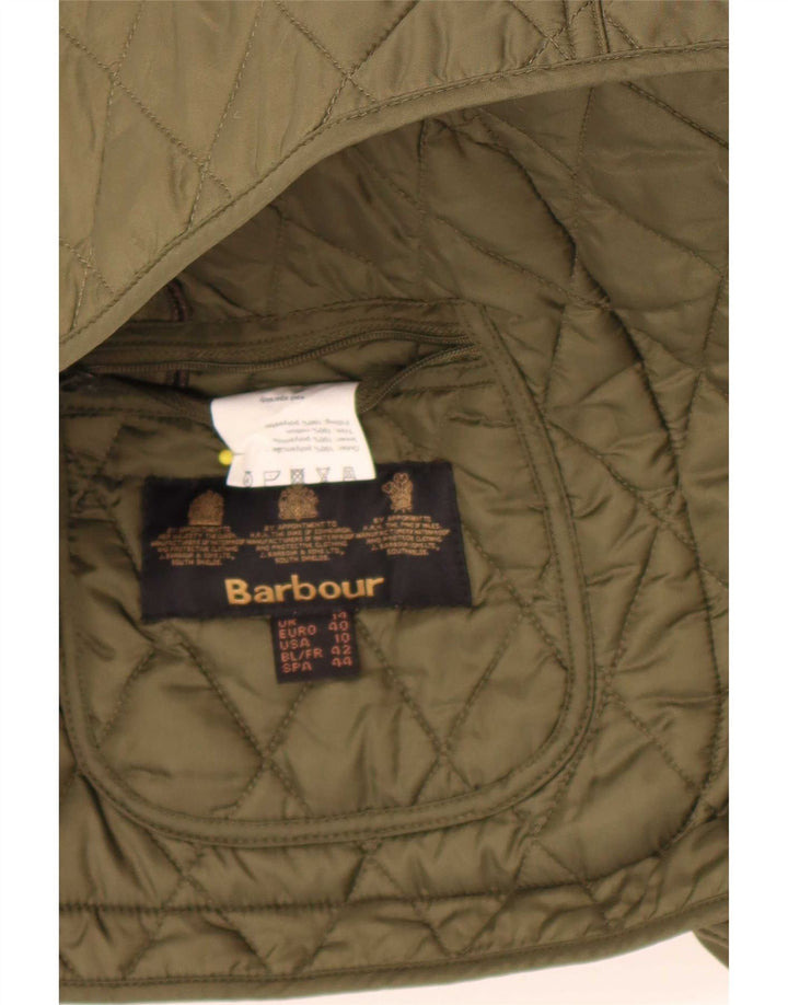 Jaqueta acolchoada feminina Barbour UK 14 grande cáqui colorblock poliamida