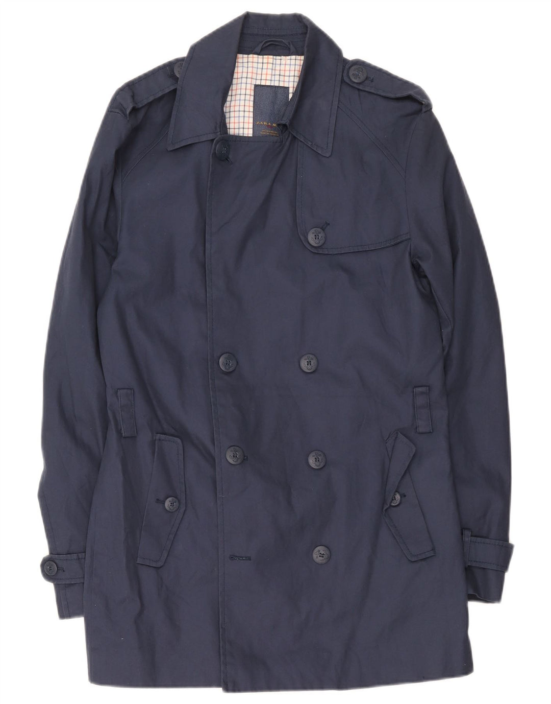 Zara Mens Trench Coat UK 40 Grande Algodão Azul Marinho