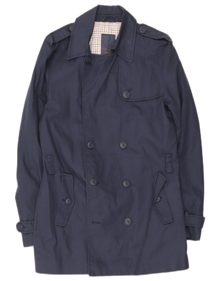 Zara Mens Trench Coat UK 40 Grande Algodão Azul Marinho